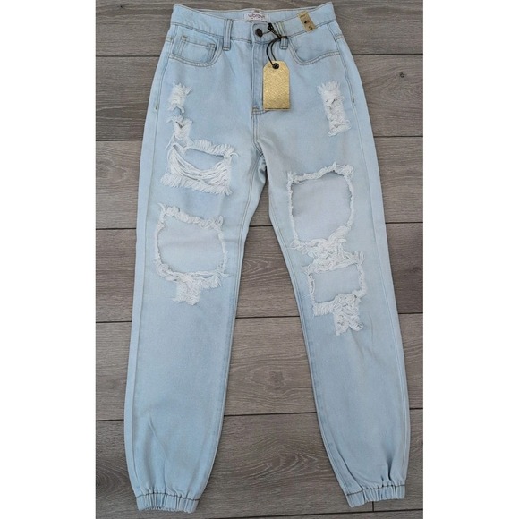 Vibrant MIU Jeans Size Small Ripped Distressed Cinched Cuff Light Wash NWT - Picture 1 of 6